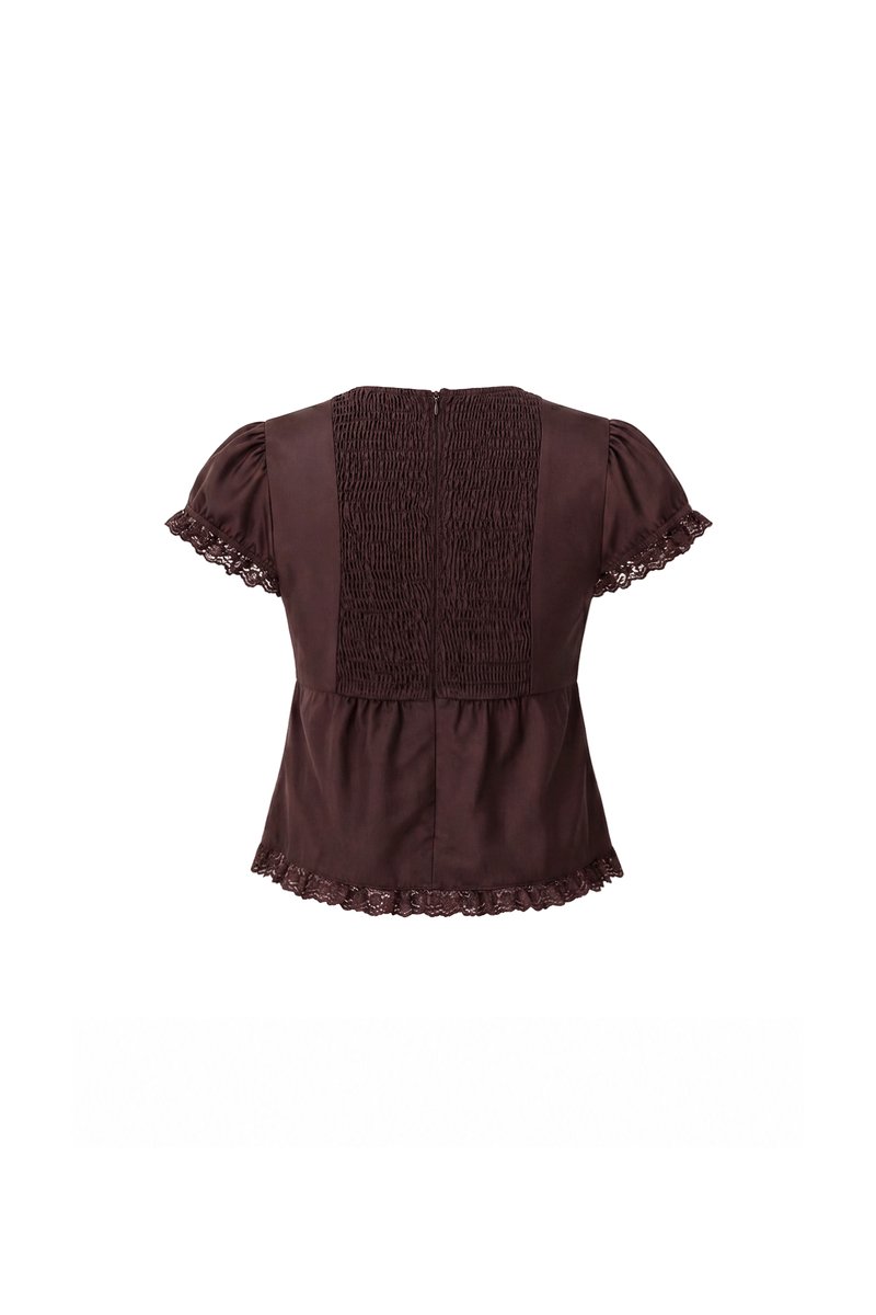 Sandra Sleeved Lace Trim Blouse in Dark Brown