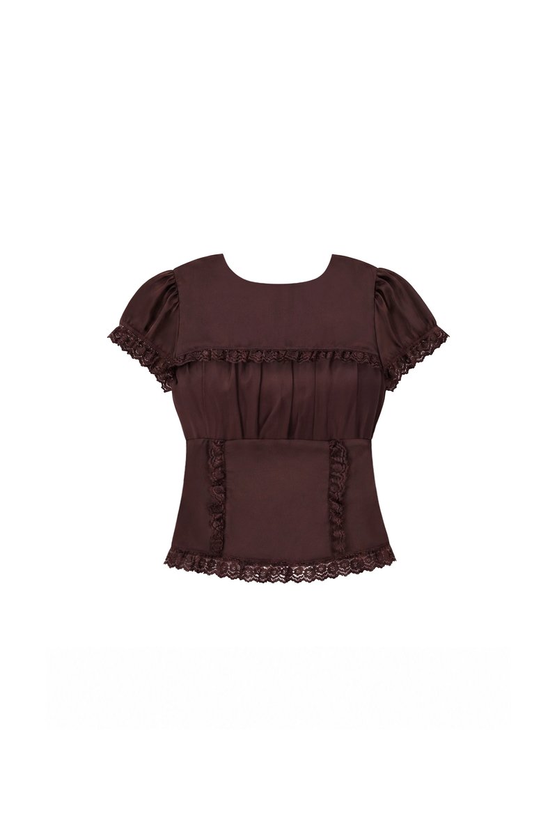 Sandra Sleeved Lace Trim Blouse in Dark Brown