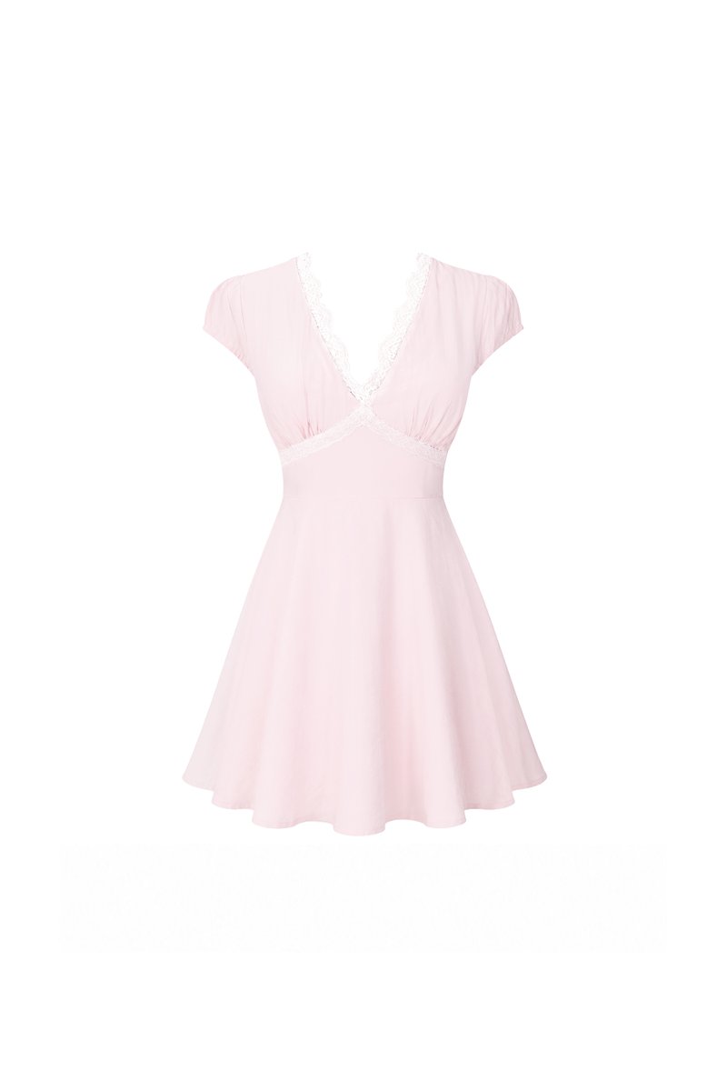 Lairie Lace Trim Romper Dress in Light Pink x White Lace