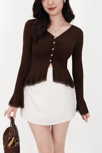 Parisa Pearl Peplum Cardigan Top in Dark Brown