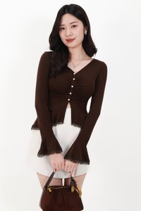 Parisa Pearl Peplum Cardigan Top in Dark Brown