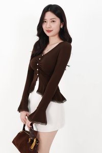 Parisa Pearl Peplum Cardigan Top in Dark Brown