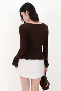 Parisa Pearl Peplum Cardigan Top in Dark Brown