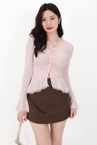 RESTOCKS | Parisa Pearl Peplum Cardigan Top in Light Pink