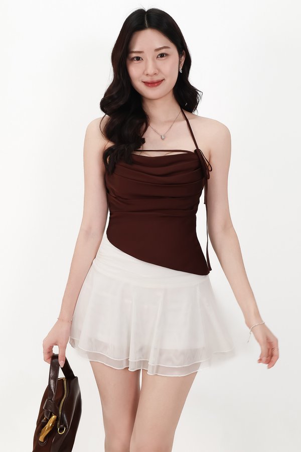 Saena Satin Tie Strap Top in Dark Brown