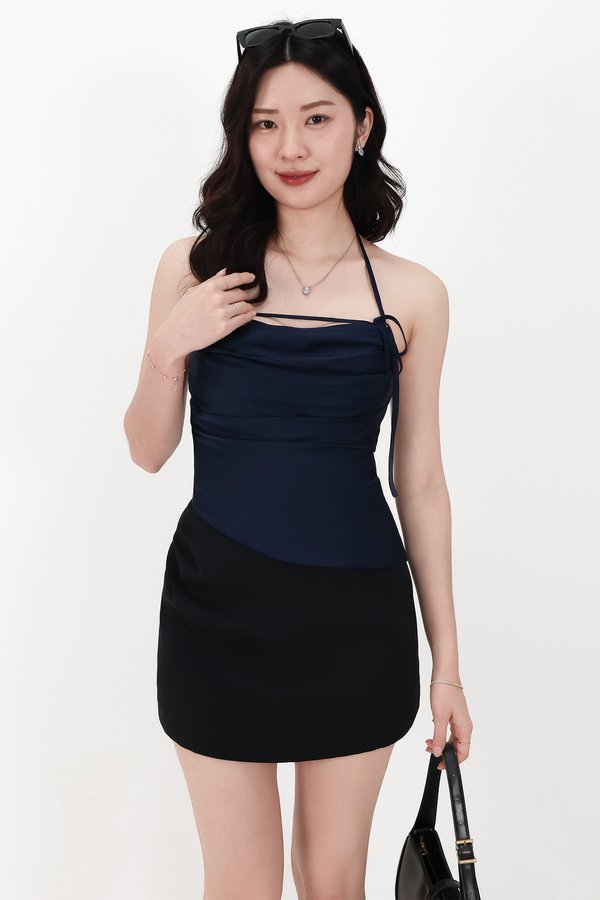 Saena Satin Tie Strap Top in Midnight
