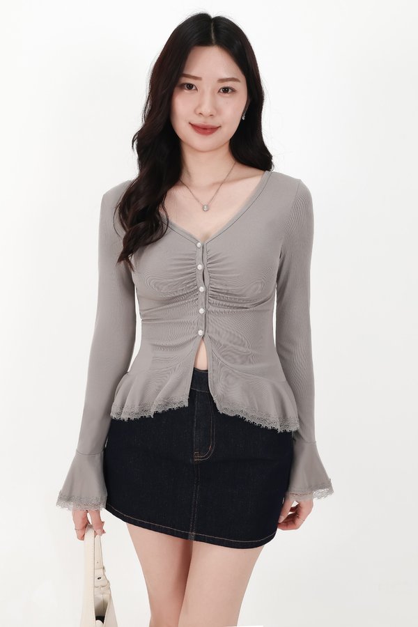 Parisa Pearl Peplum Cardigan Top in Grey
