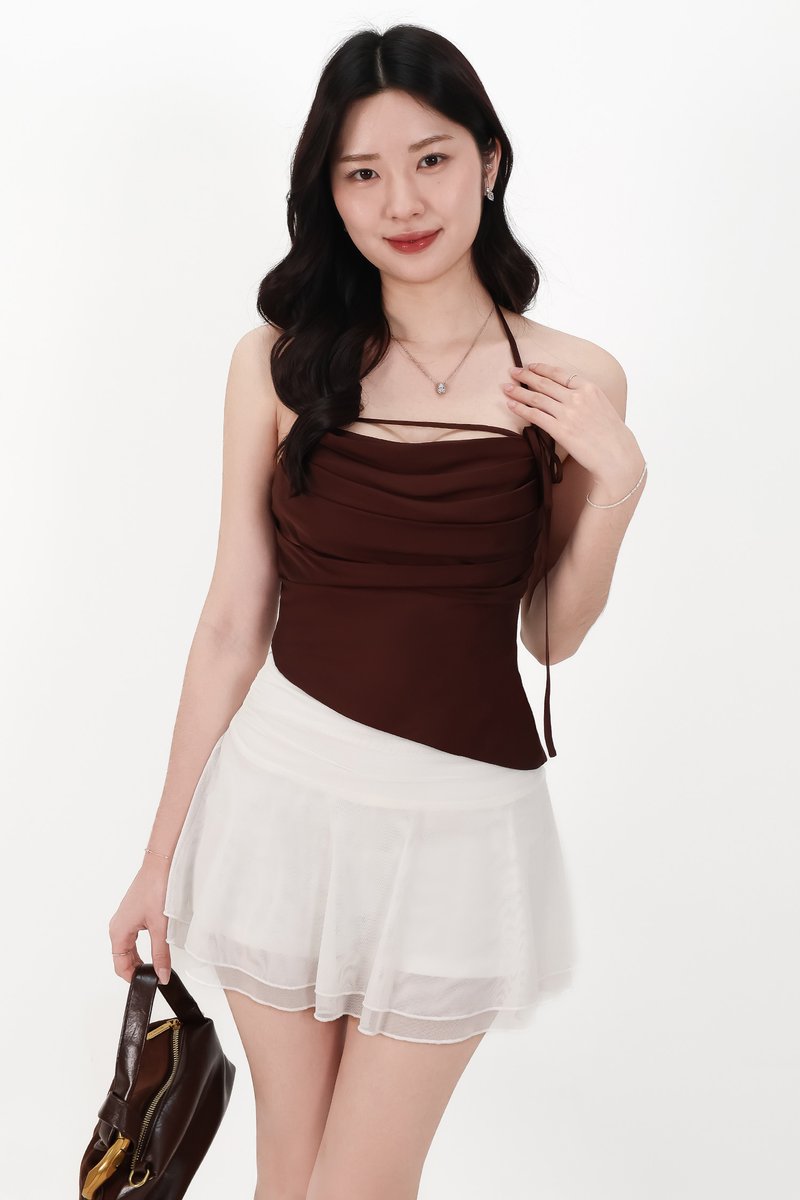 Saena Satin Tie Strap Top in Dark Brown