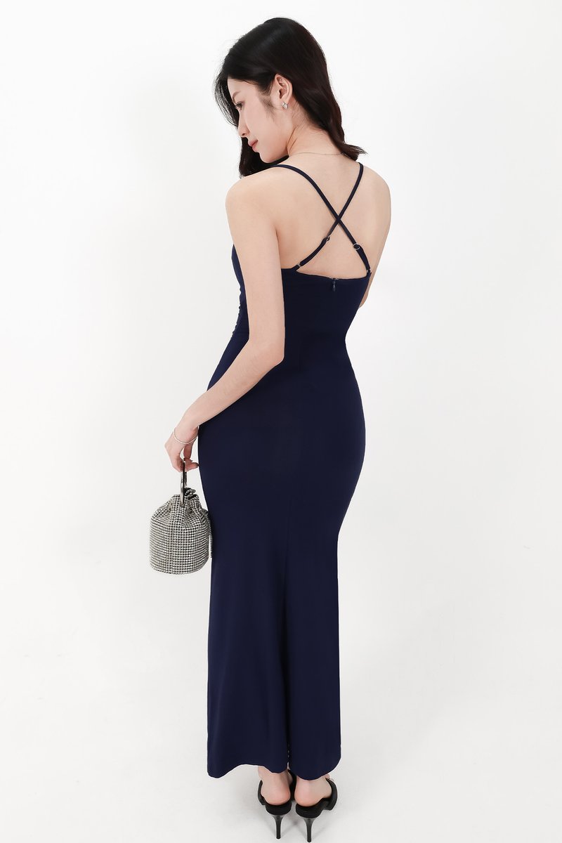 Calina Cross Back Maxi Dress in Midnight Blue