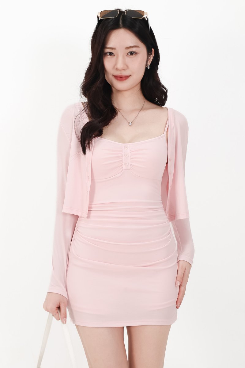 Chaewon Cardigan Romper Dress Set in Light Cool Pink