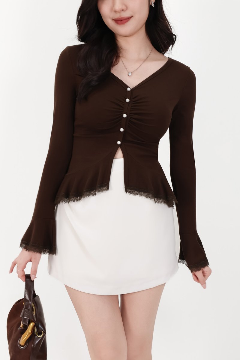 Parisa Pearl Peplum Cardigan Top in Dark Brown