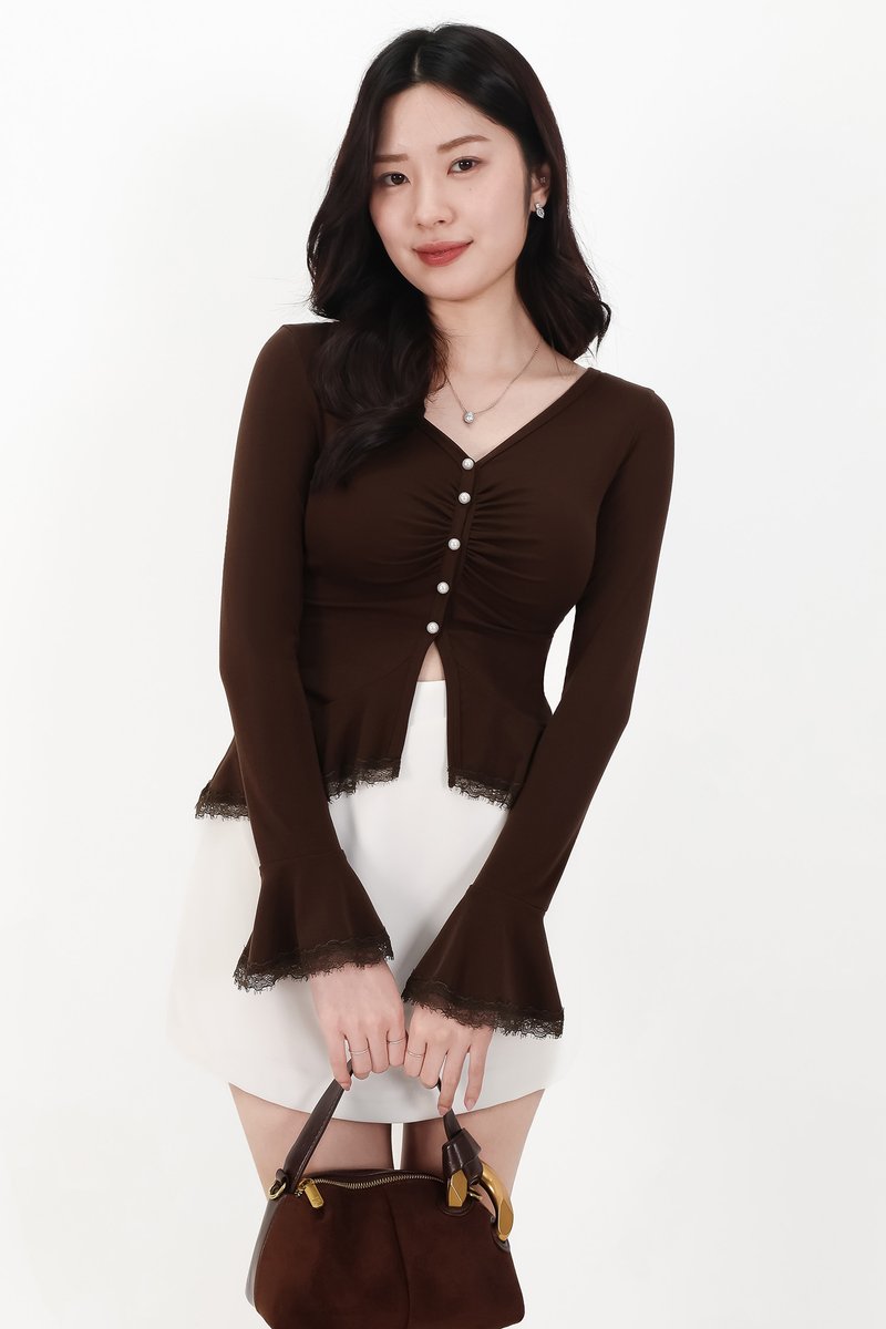 Parisa Pearl Peplum Cardigan Top in Dark Brown