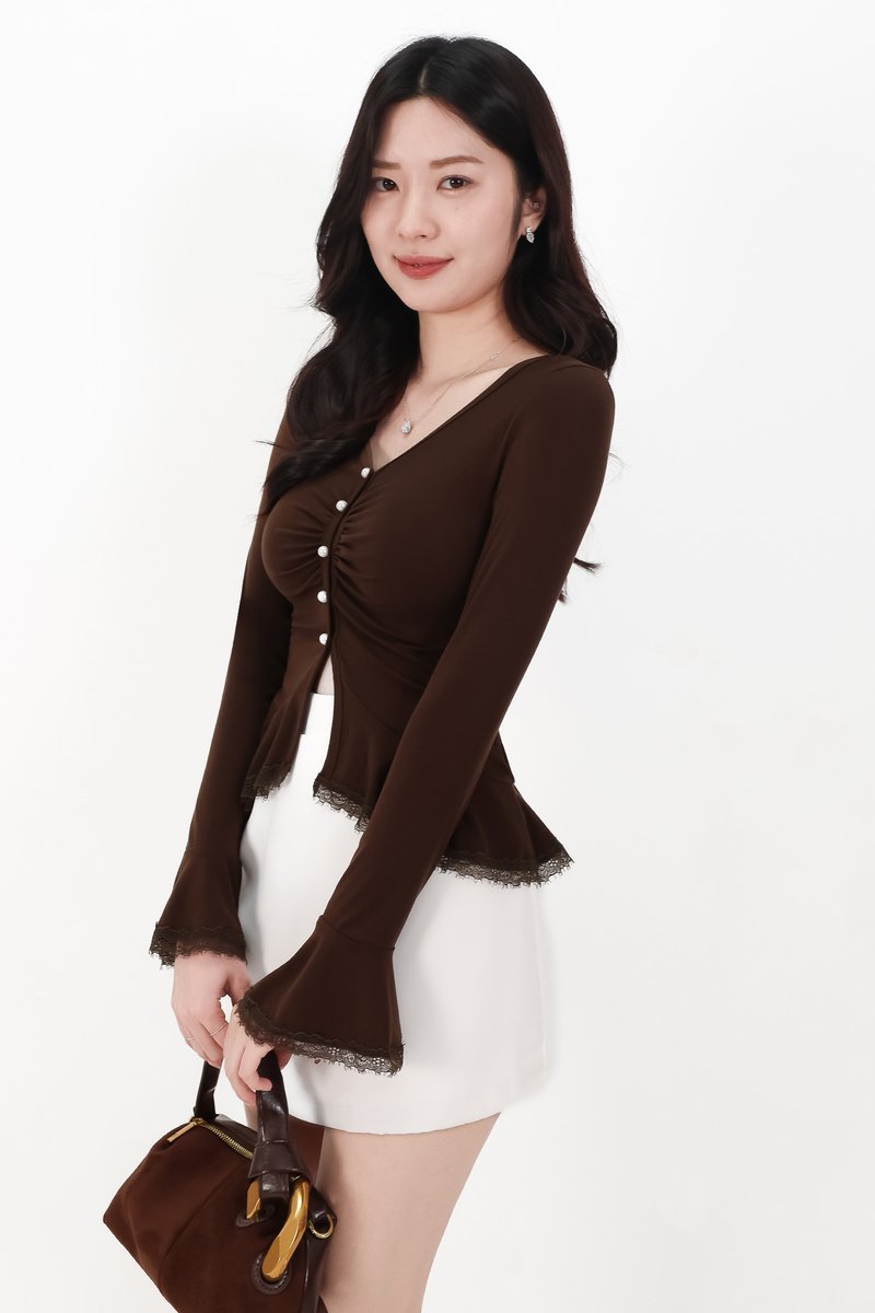 Parisa Pearl Peplum Cardigan Top in Dark Brown