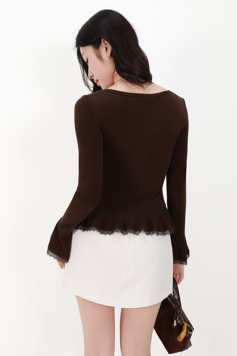 Parisa Pearl Peplum Cardigan Top in Dark Brown