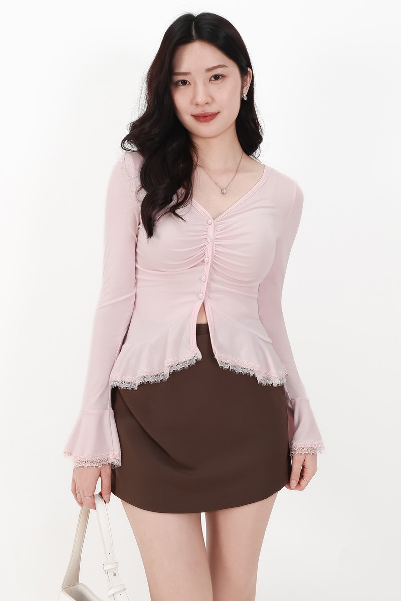 RESTOCKS | Parisa Pearl Peplum Cardigan Top in Light Pink