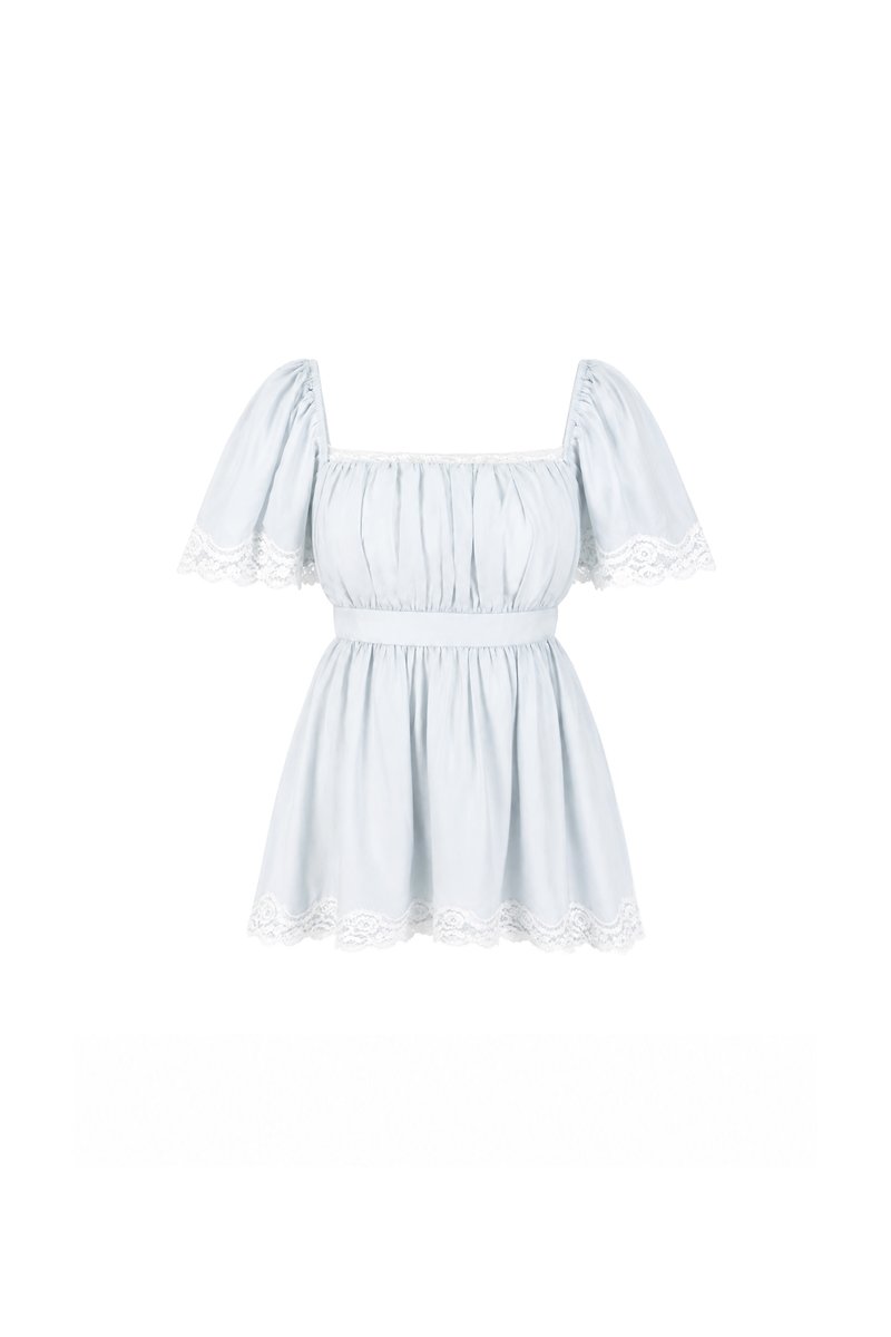 PREORDER | Fia Flutter Lace Trim Top in Light Blue