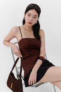 Avelyn Asymmetrical Lace Trim Top in Dark Brown