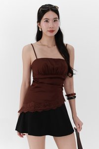 Avelyn Asymmetrical Lace Trim Top in Dark Brown