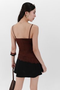 Avelyn Asymmetrical Lace Trim Top in Dark Brown