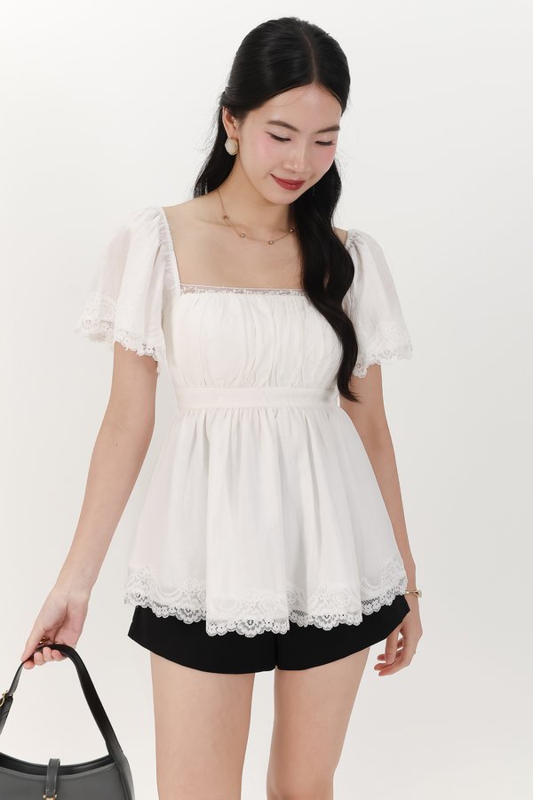Fia Flutter Lace Trim Top in White