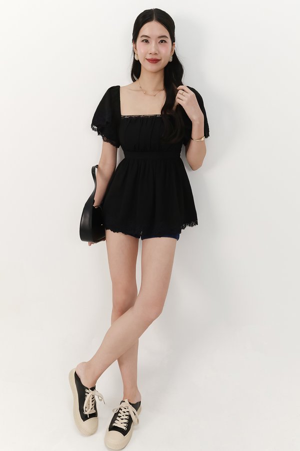 Fia Flutter Lace Trim Top in Black