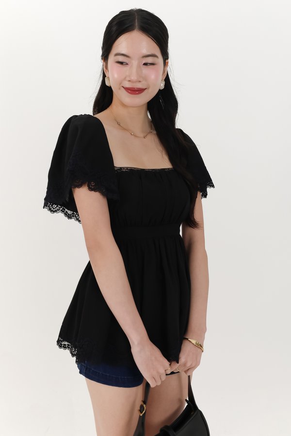 Fia Flutter Lace Trim Top in Black