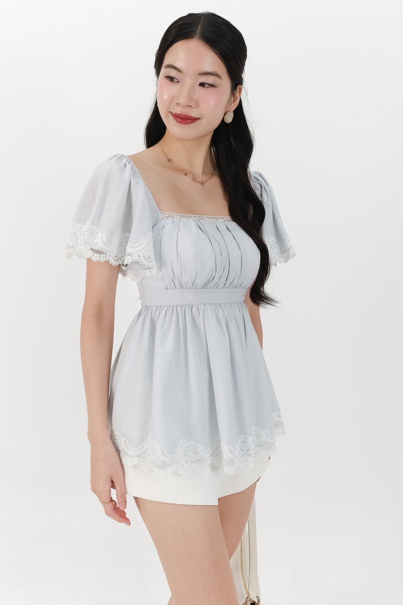 Fia Flutter Lace Trim Top in Light Blue