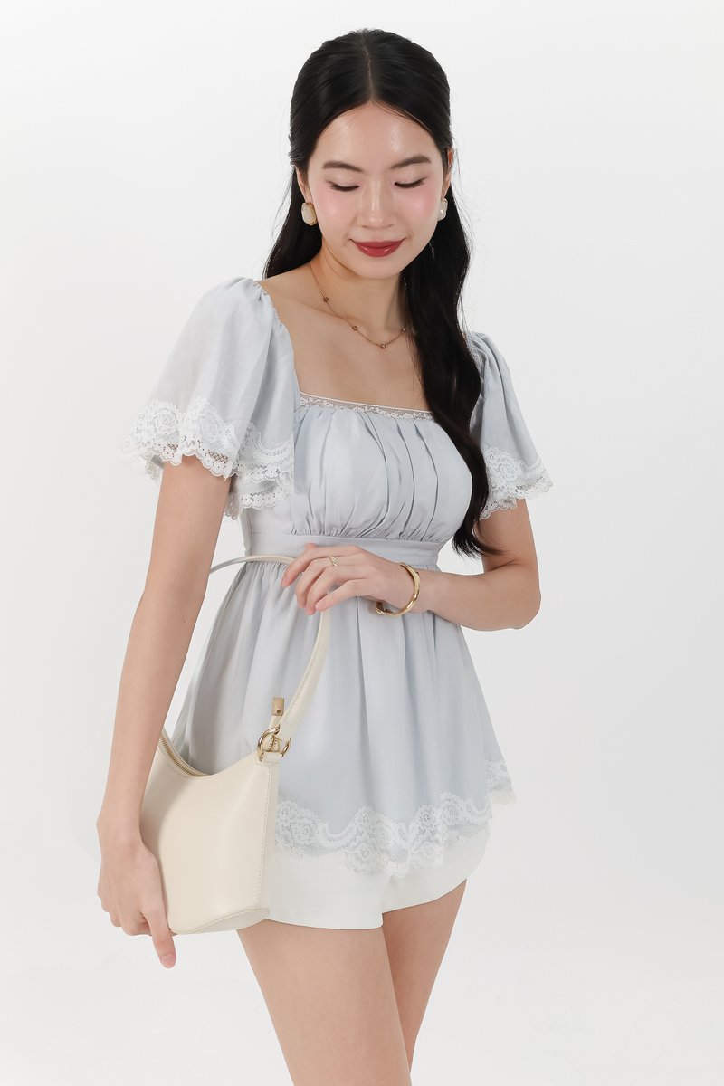 Fia Flutter Lace Trim Top in Light Blue