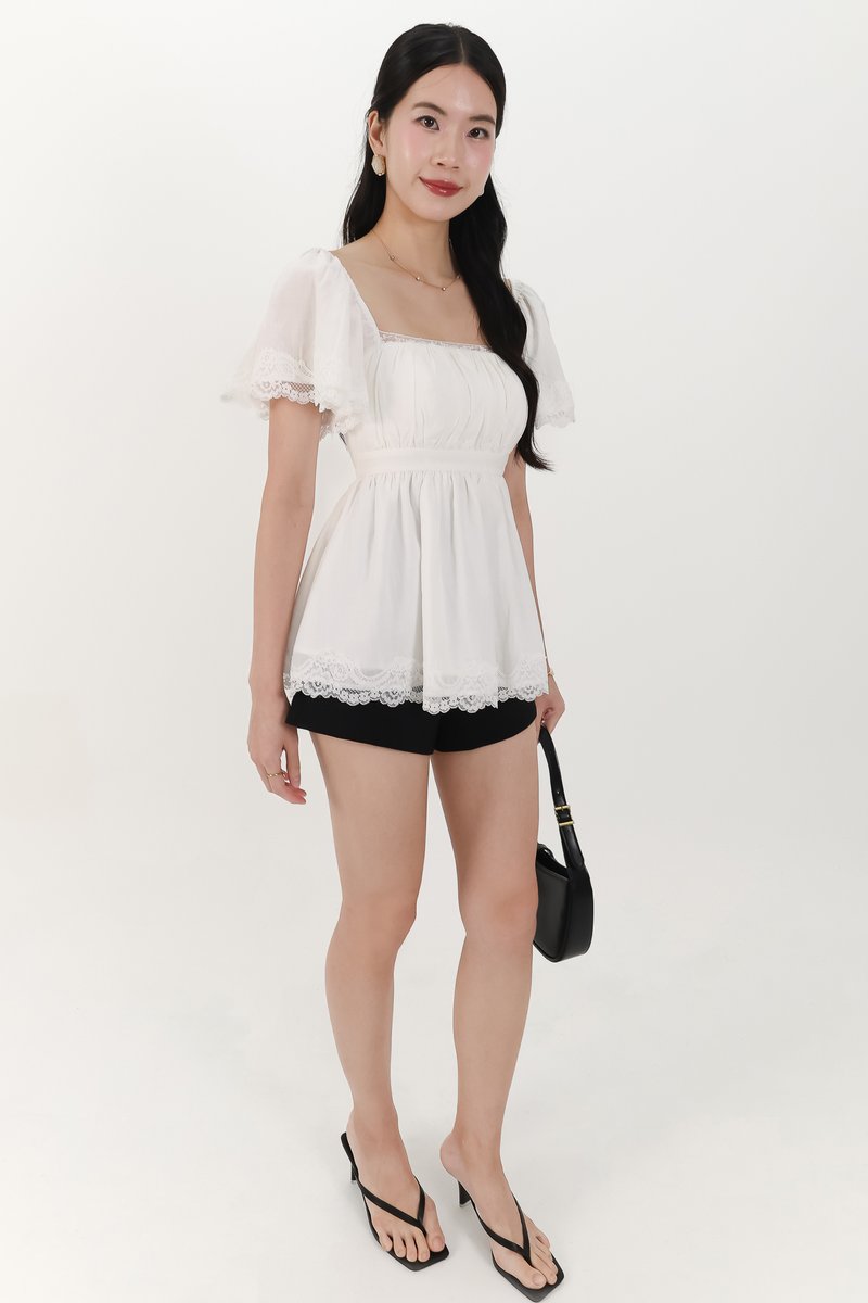 Fia Flutter Lace Trim Top in White