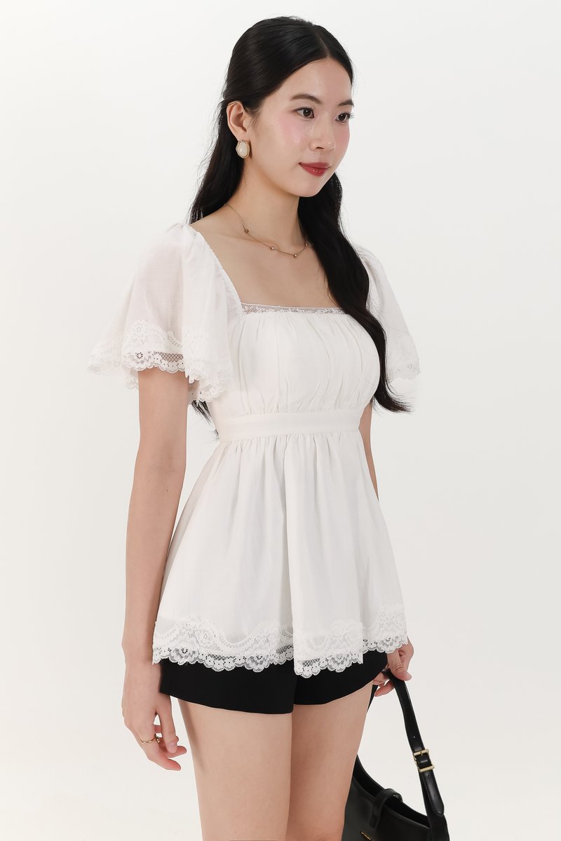 Fia Flutter Lace Trim Top in White