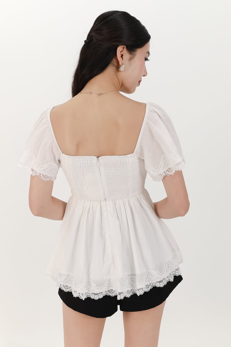 Fia Flutter Lace Trim Top in White