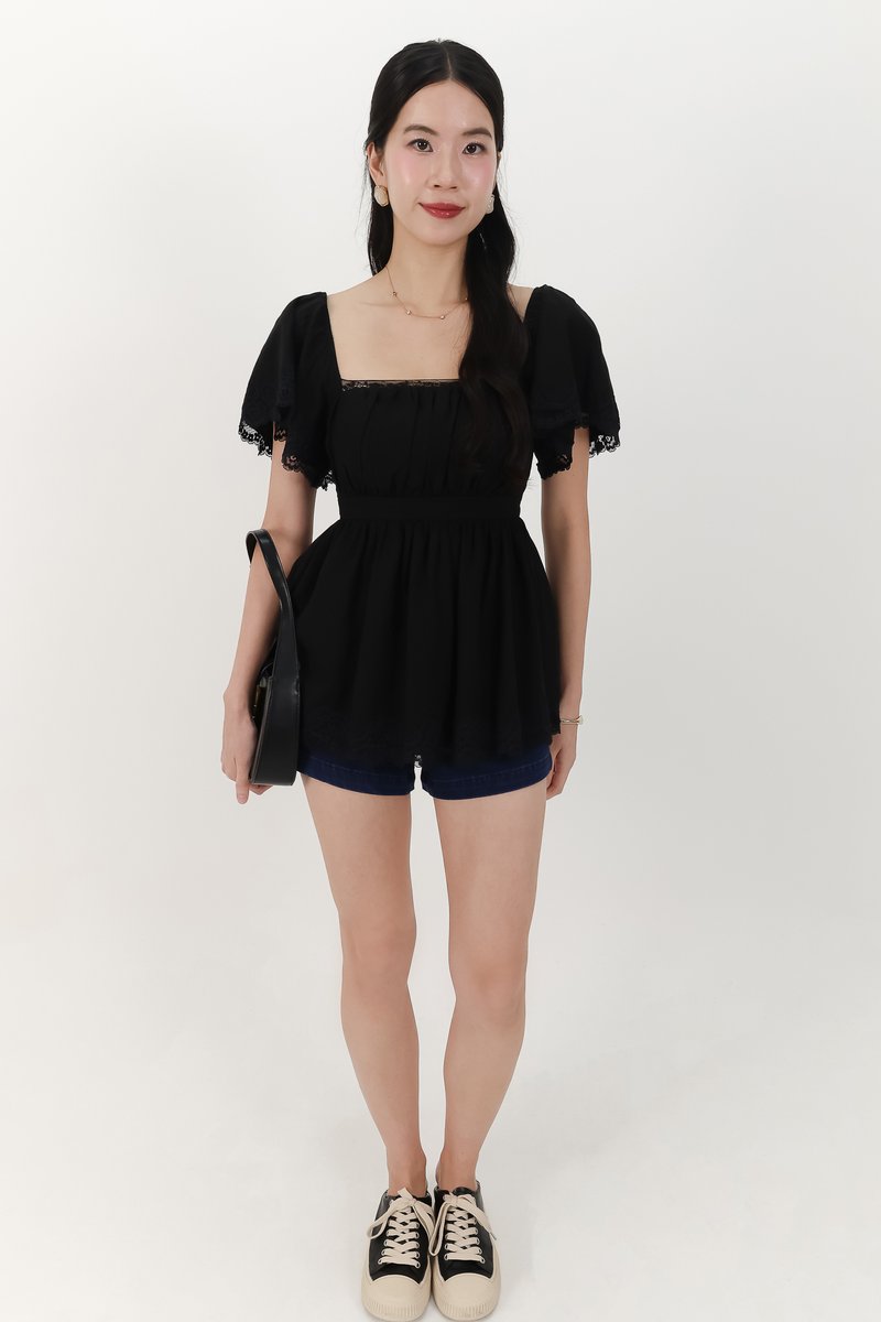 Fia Flutter Lace Trim Top in Black