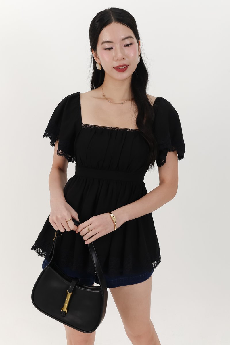 Fia Flutter Lace Trim Top in Black