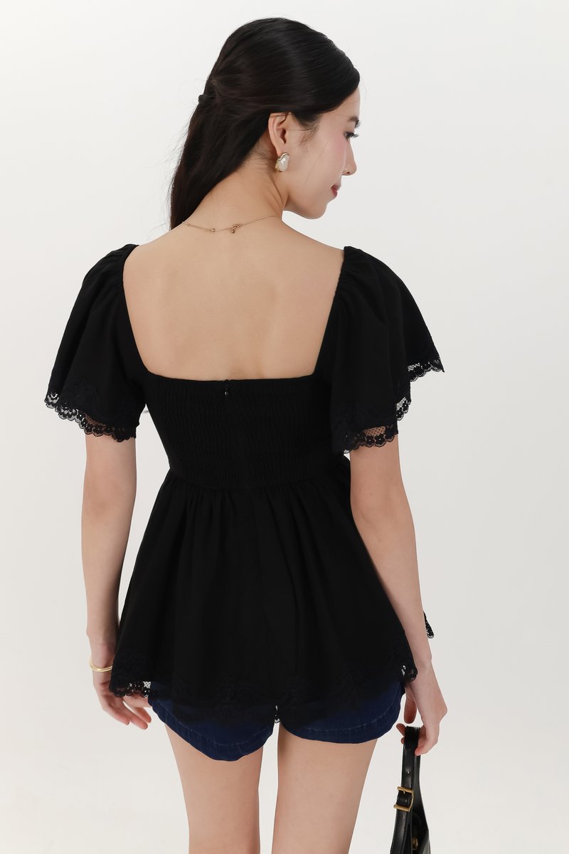Fia Flutter Lace Trim Top in Black