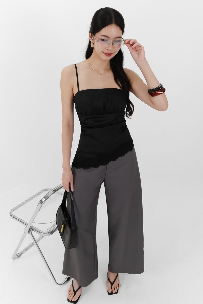 Avelyn Asymmetrical Lace Trim Top in Black