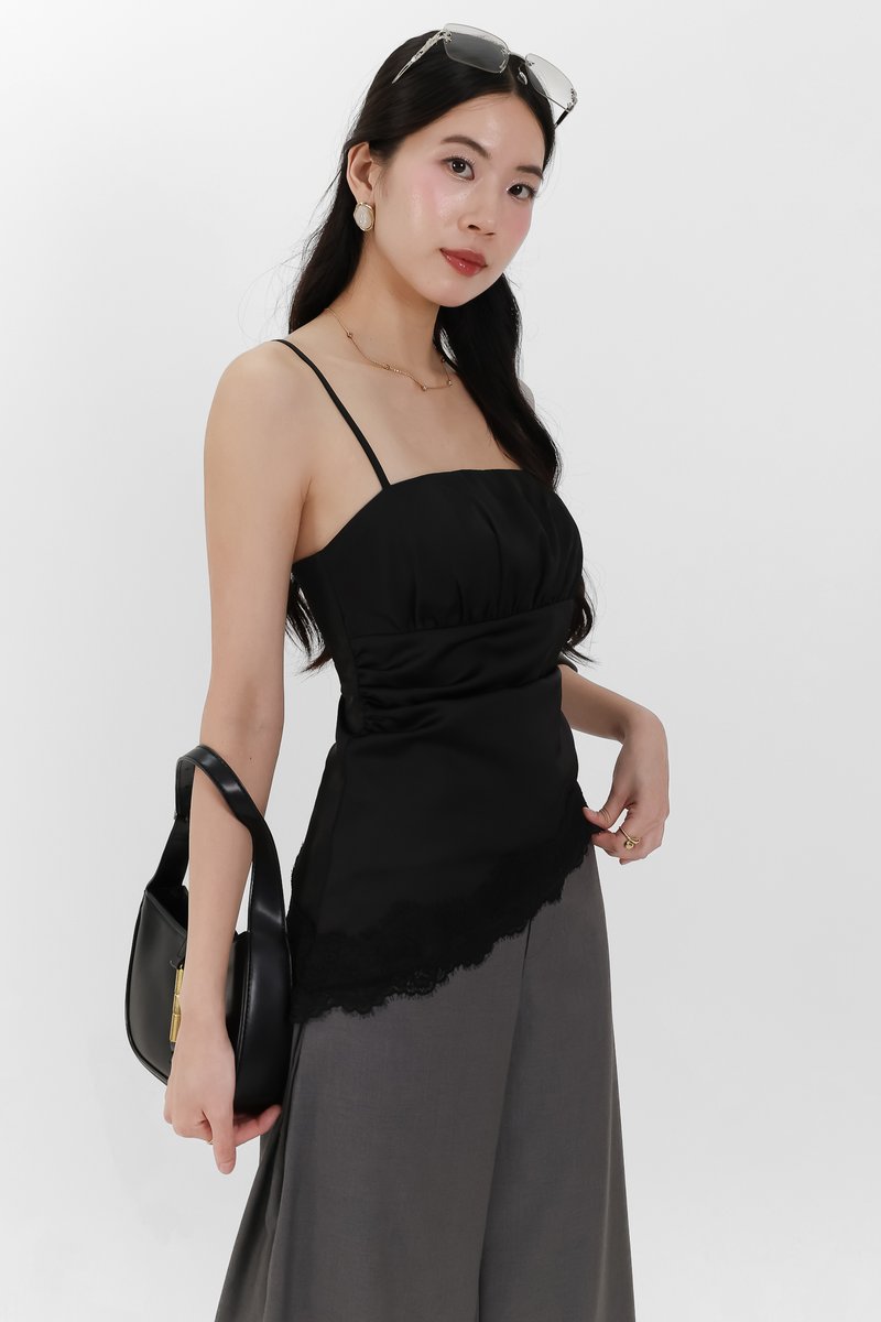 Avelyn Asymmetrical Lace Trim Top in Black