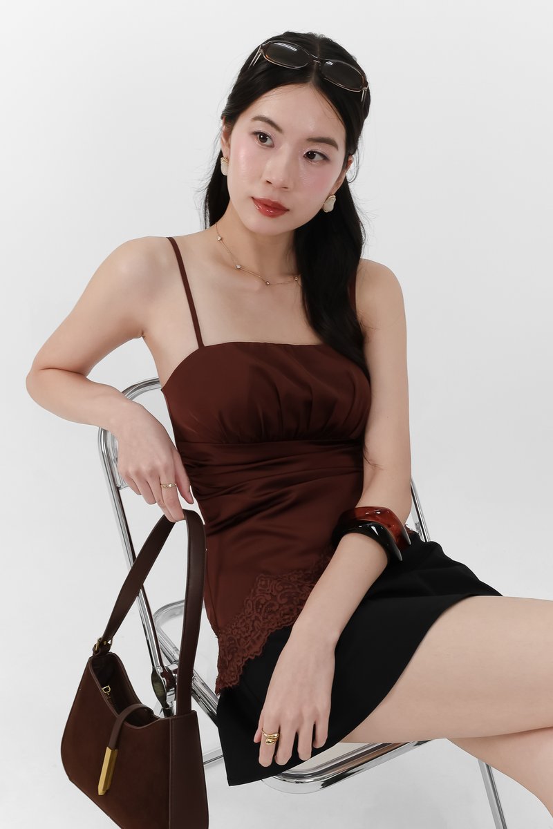 Avelyn Asymmetrical Lace Trim Top in Dark Brown