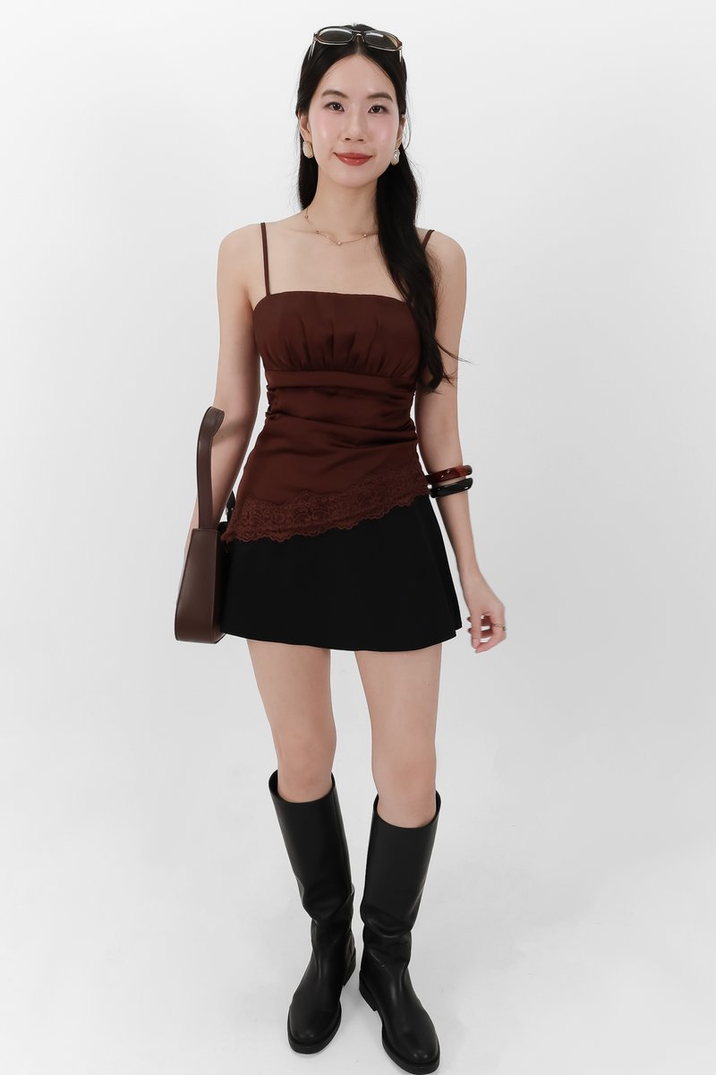 Avelyn Asymmetrical Lace Trim Top in Dark Brown