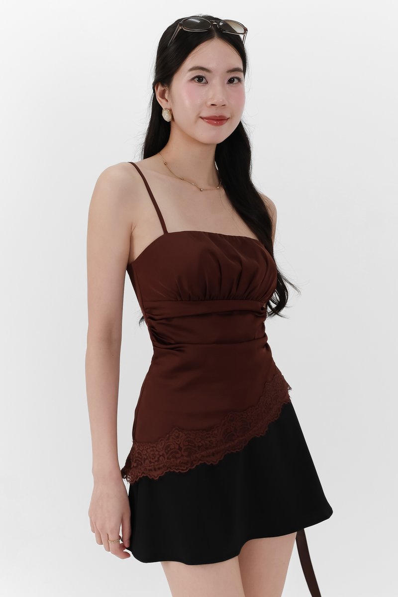 Avelyn Asymmetrical Lace Trim Top in Dark Brown