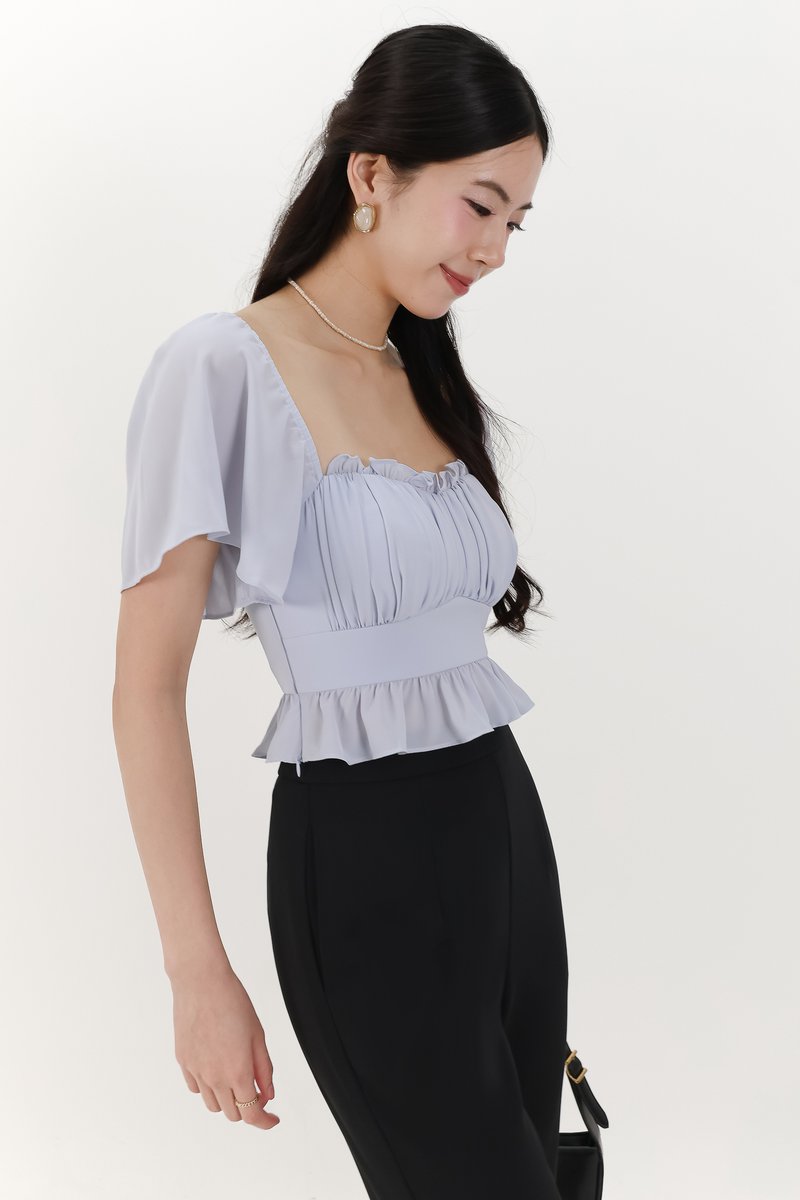 Camelia Chiffon Flutter Top in Light Blue
