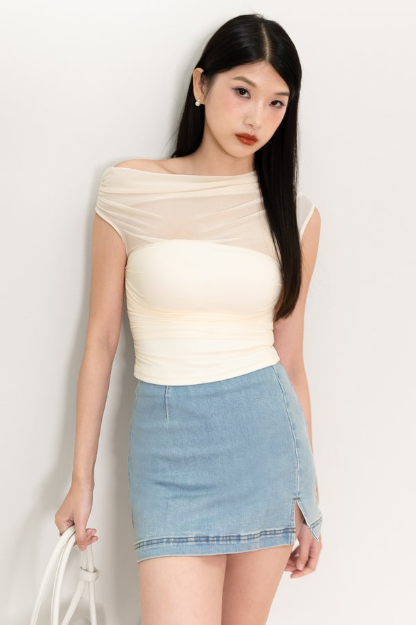 BACKORDER | Orina One Shoulder Mesh Top in Pale Yellow