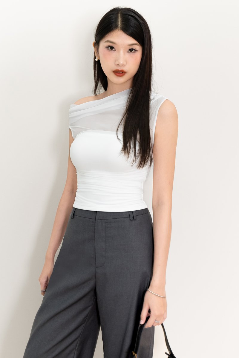 BACKORDER | Orina One Shoulder Mesh Top in White