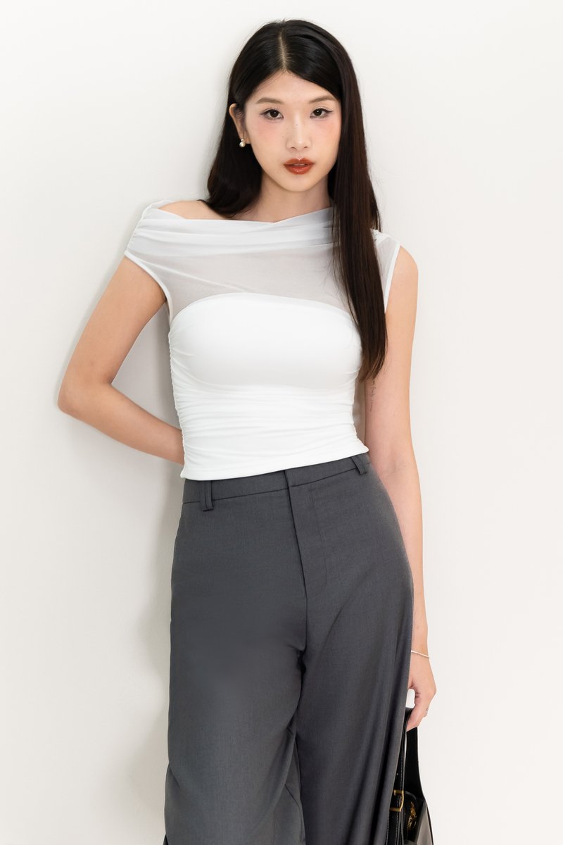 BACKORDER | Orina One Shoulder Mesh Top in White