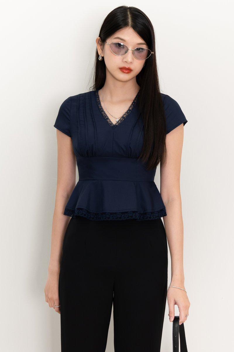 Parker Peplum Sleeved Top in Navy