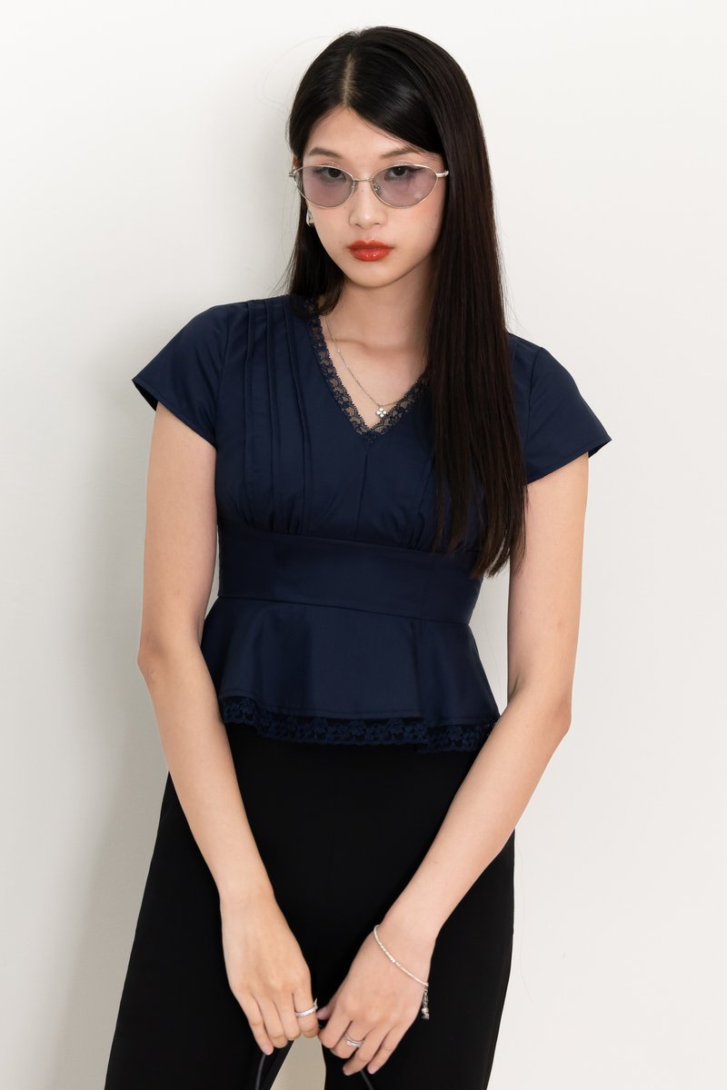 Parker Peplum Sleeved Top in Navy