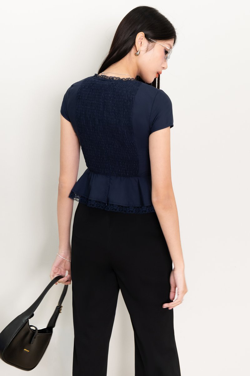 Parker Peplum Sleeved Top in Navy