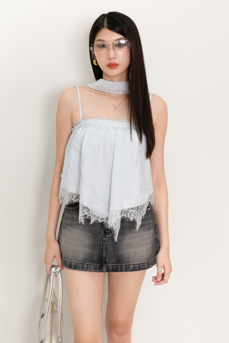 Liara Lace Trim Top With Sash in Light Blue
