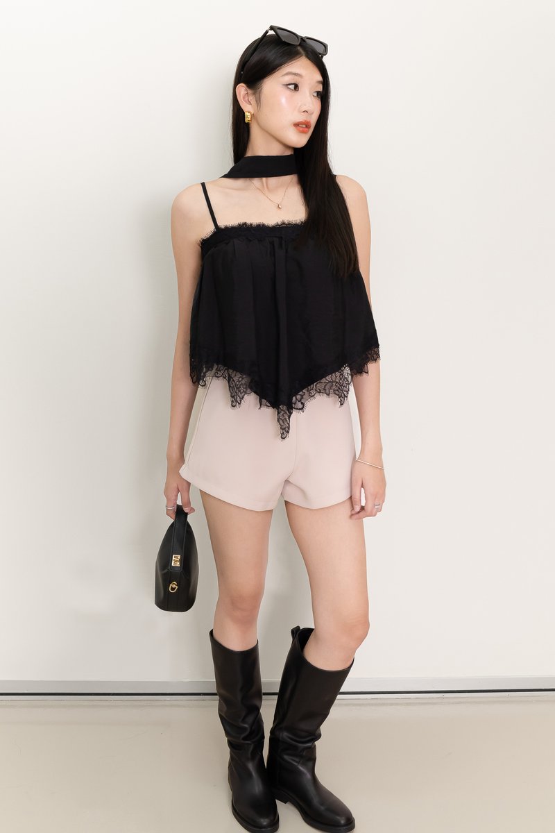 Liara Lace Trim Top With Sash in Black