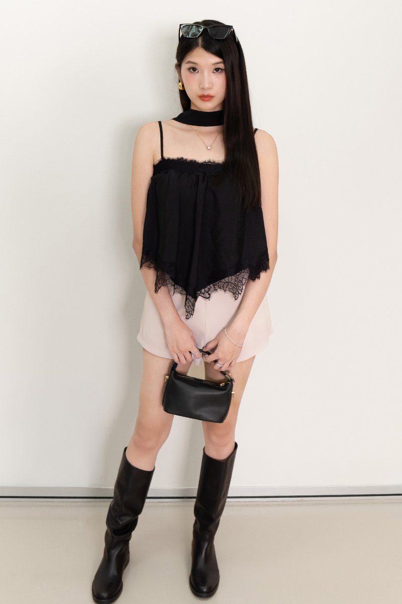 Liara Lace Trim Top With Sash in Black