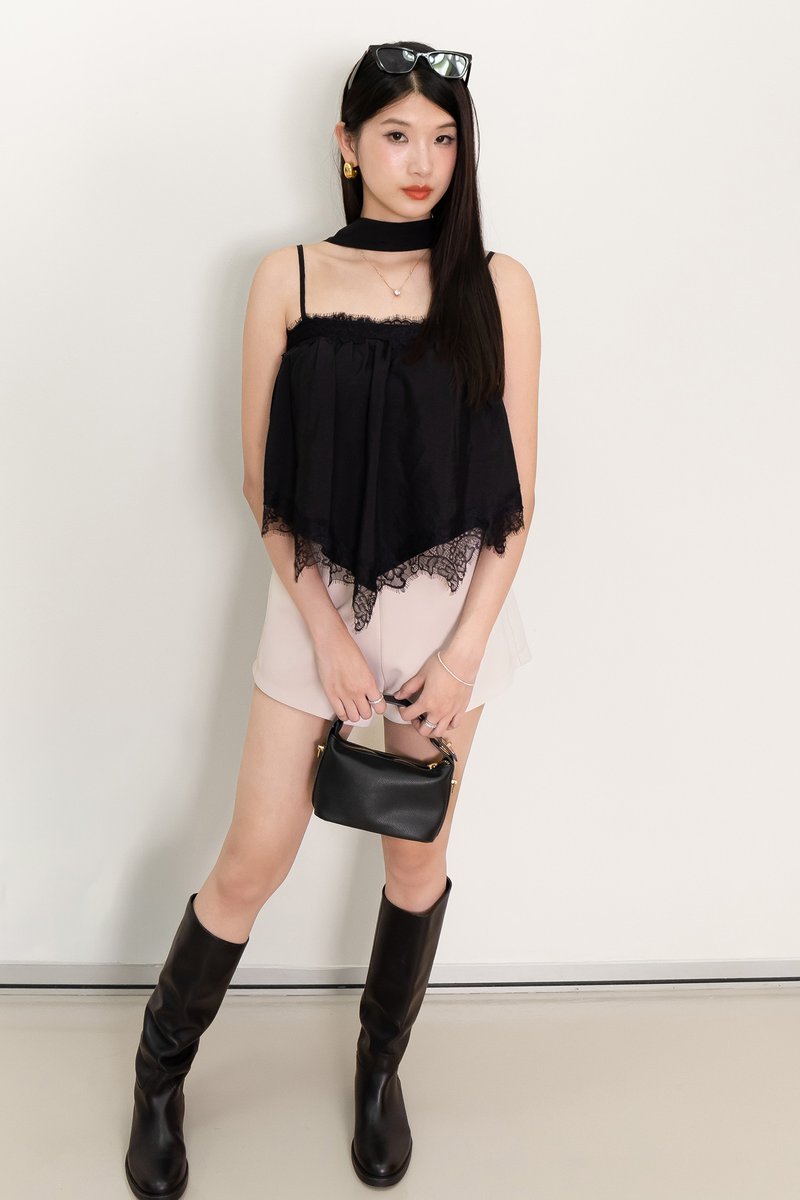 Liara Lace Trim Top With Sash in Black